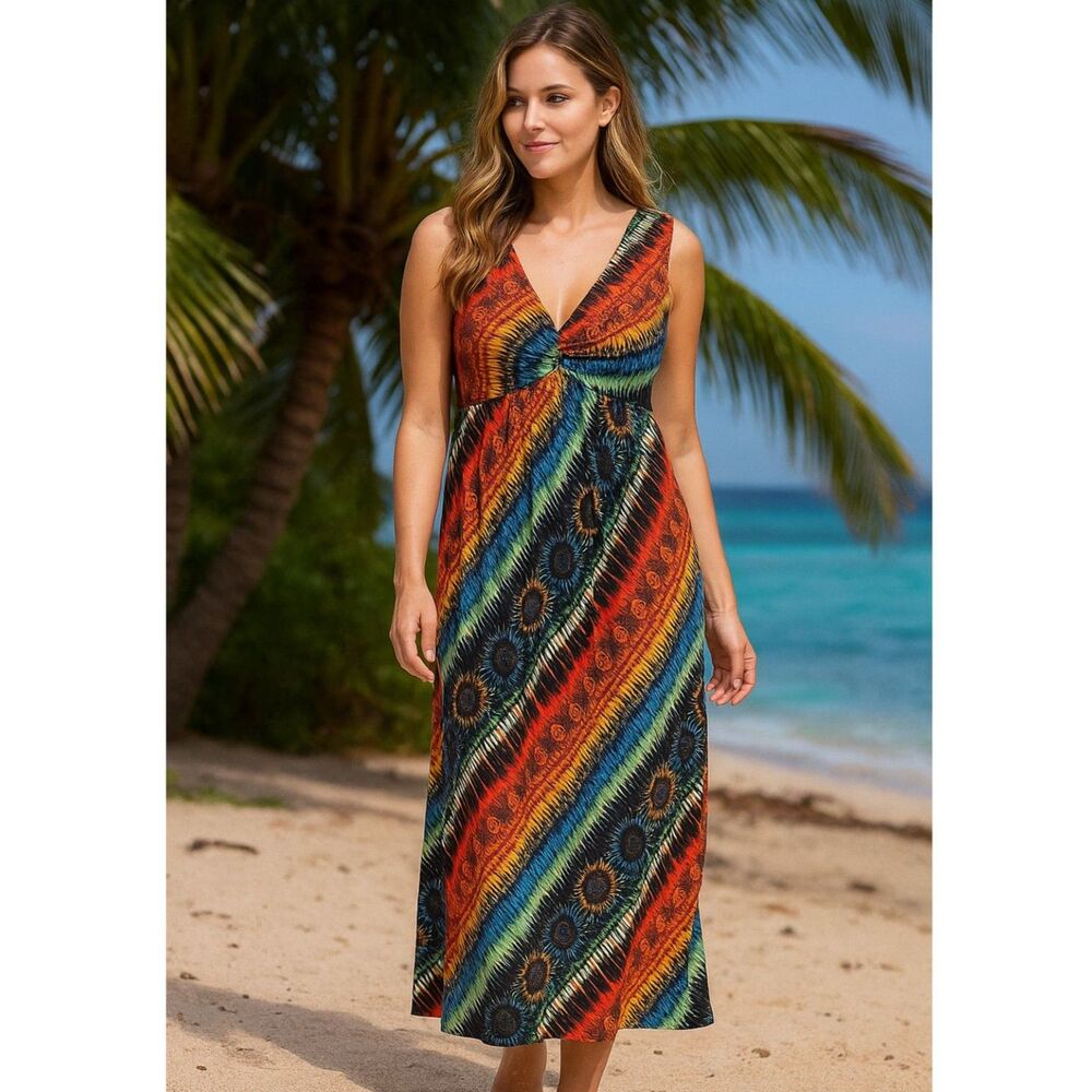 Chicos Sunflower Maxi Dress Womens 2 Large Sleeveless Empire Waist Boho Artsy